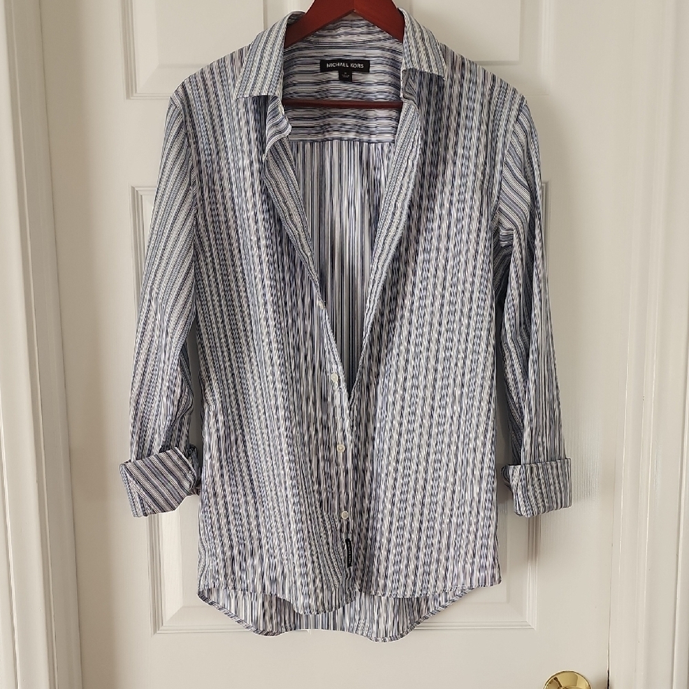 Michael Kors Gray & White Striped Men's Shirt - Size M, Smart Casual, Modern